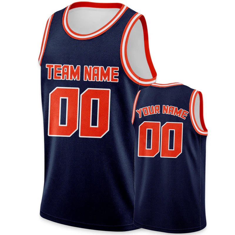 Custom Navy Orange Round Neck Rib-Knit Basketball Jersey