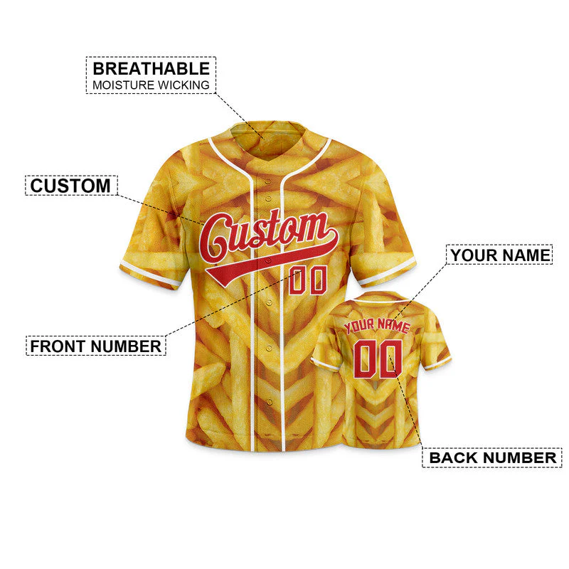 Custom Gold Red-White 3D Pattern Design French fries Authentic Baseball Jersey