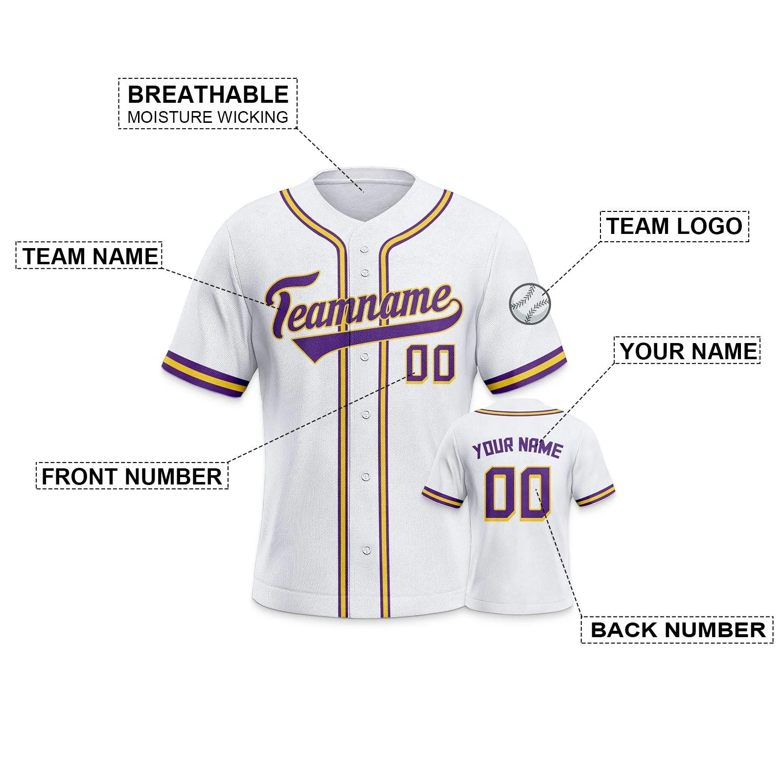 Custom White Purple-Gold Authentic Classic Baseball Jersey