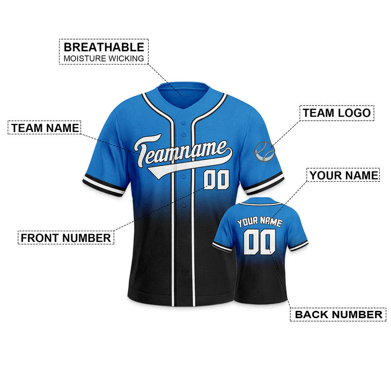 Custom Powder Blue Black-White Authentic Fade Fashion Baseball Jersey