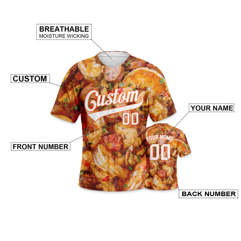 Custom White Orange 3D Pattern Design  Hot dog  Authentic Baseball Jersey