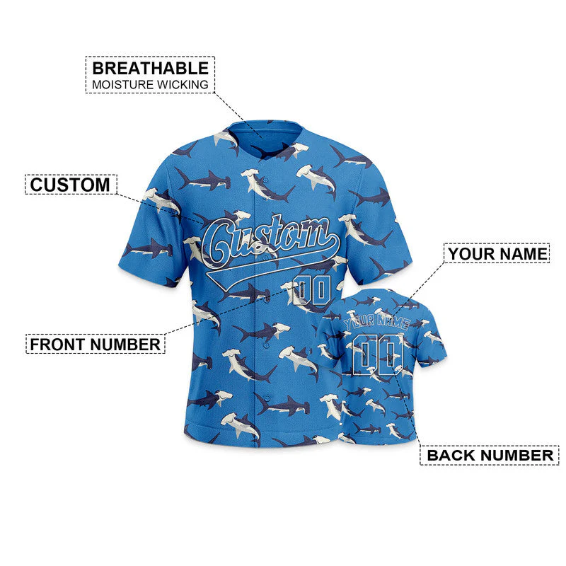Custom Light Blue White 3D Pattern Design Shark And Peacock Authentic Baseball Jersey