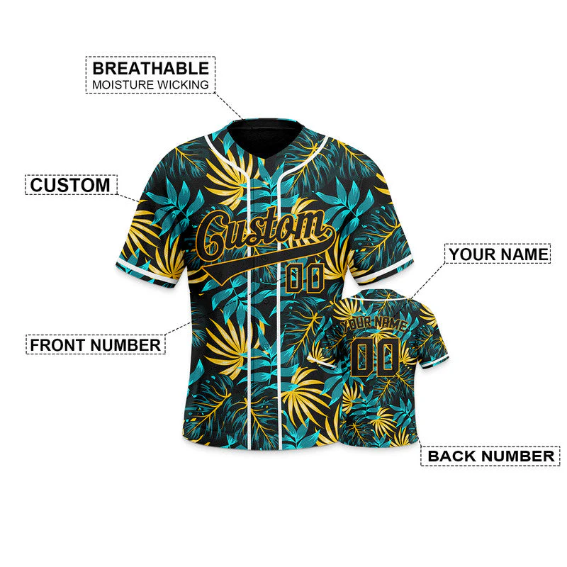 Custom Black Black-Gold 3D Pattern Design Tropical Plants Authentic Baseball Jersey